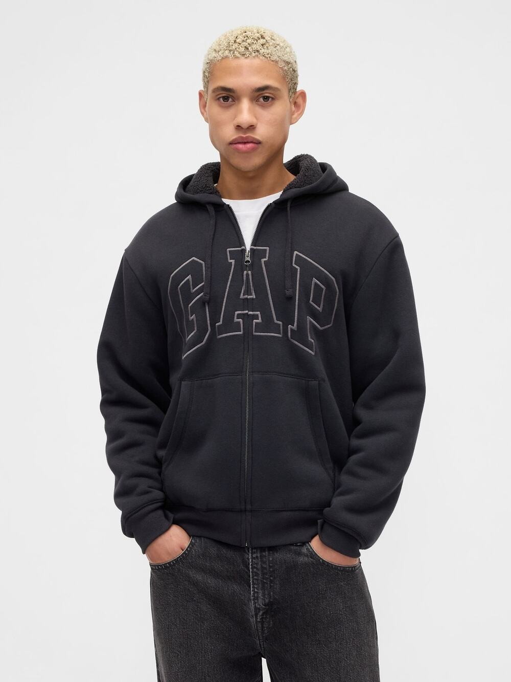 GAP Men's S Black Relaxed Logo Sherpa-Lined Full Zip Hoodie Streetwear HR12-24